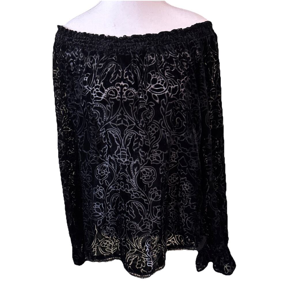 Tantrums Black Velvet Burnout Blouse Small Gothic Romantic Off Shoulder Top EUC